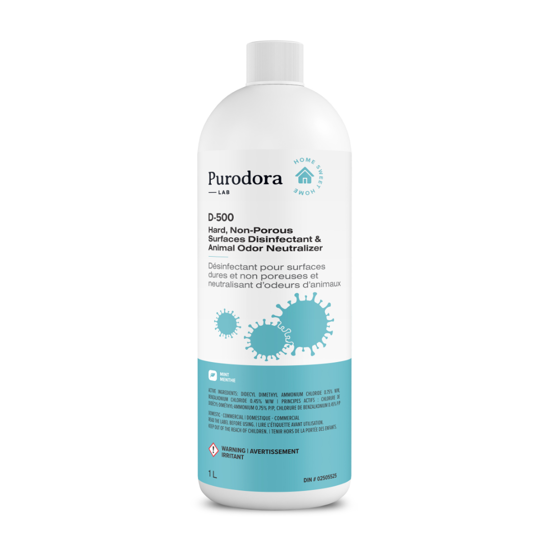 (D500) Désinfectant pour surfaces dures et non poreuses et neutralisant d’odeurs d’animaux